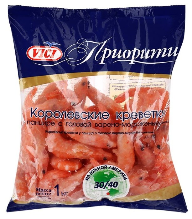 Вичи креветки Приорити 1000г Королевские в панцире 30/40 с/г в/м