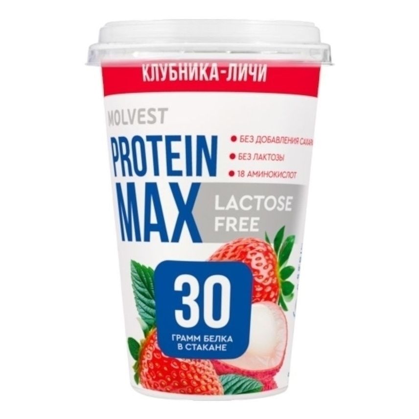 Напиток кисломолочный Протеин Макс 240г Клубника Личи безлактозный стакан